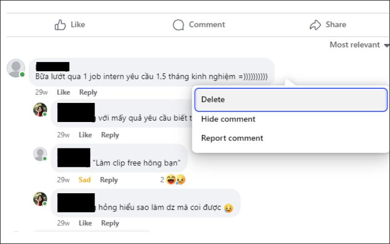 xóa bình luận trên facebook